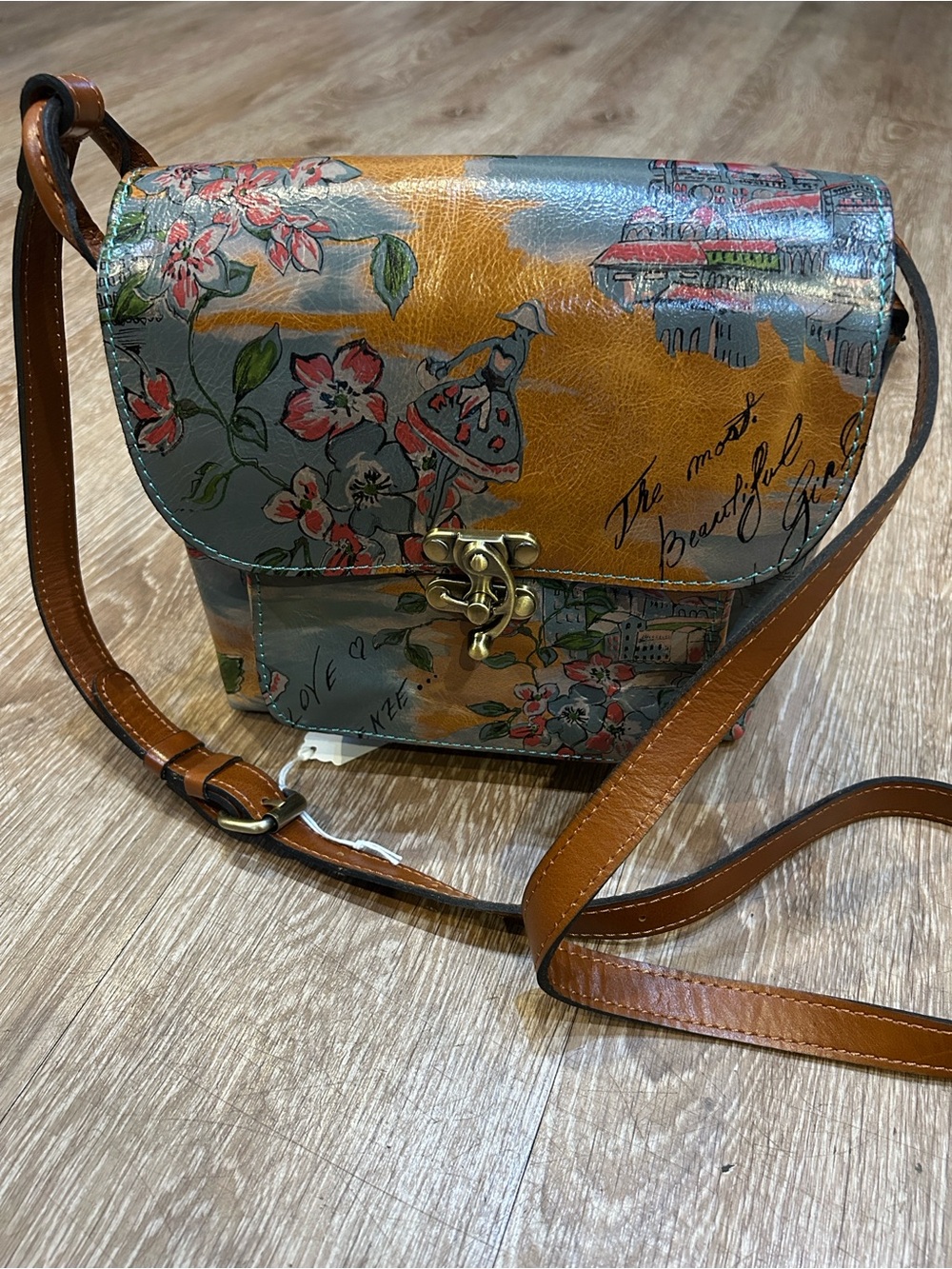 Patricia Nash Floral Print Crossbody in Tan and Blue